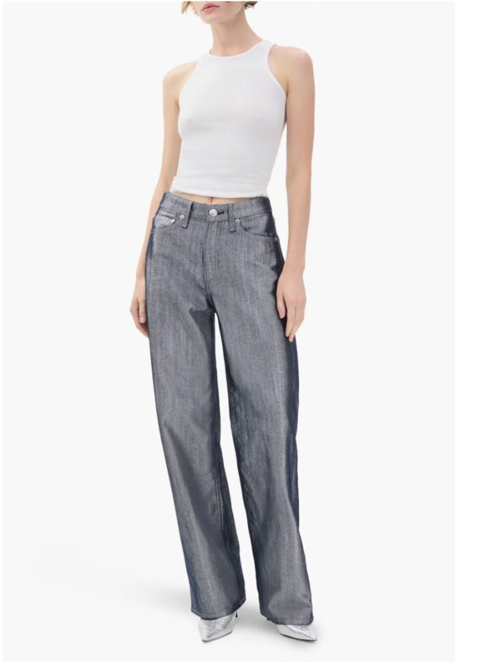 NWT $328 Rag & Bone Logan Coated Wide Leg Jeans Color: Indigo Silver Lurex
